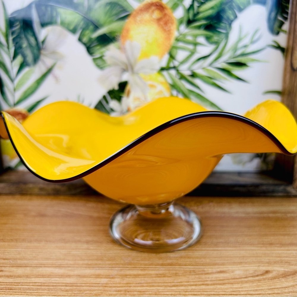 Vintage Amber‎ Glass Wide Compote Bowl Pedestal Midcentury Décor Statement Piece